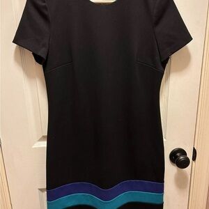Calvin Klein Sz 6 Elegant Black Dress with Blue and Turquoise Stripes EUC!!